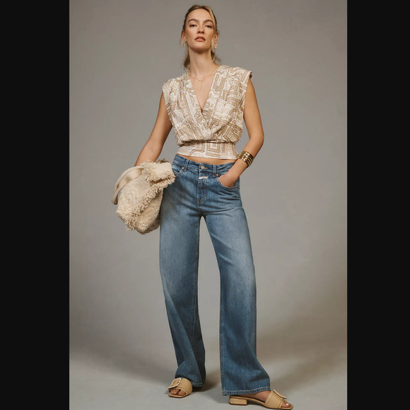 NWT Anthropologie Sleeveless Tan White Wrap Top - Large - Picture 4 of 6